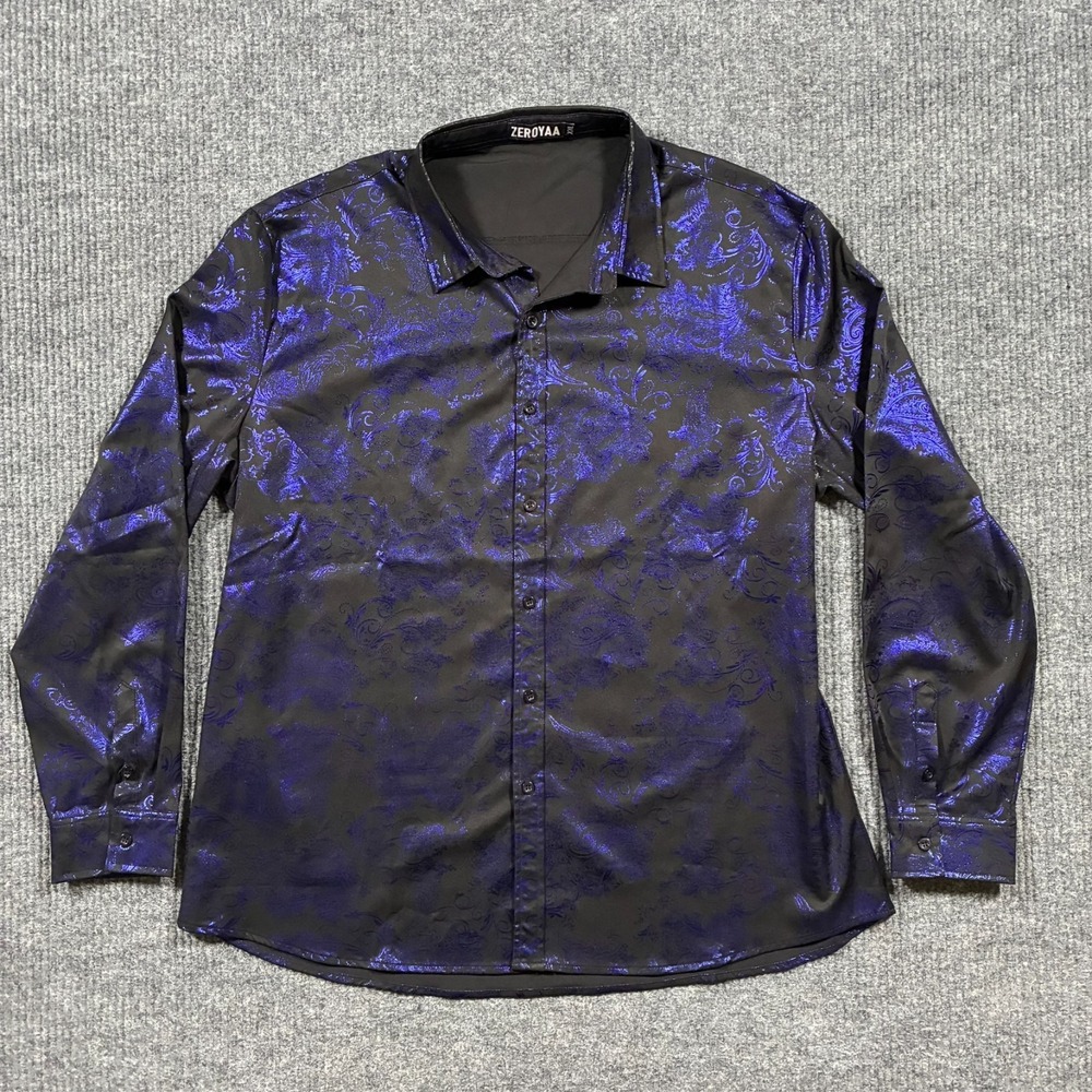 ZERoyaa Dress Shirt Mens 2XL Black Purple Floral Button Up Party Clubwear